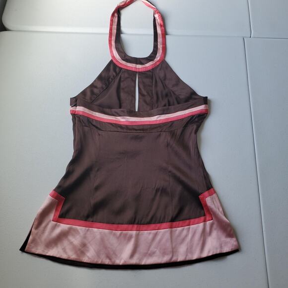 Y2K Bebe Halter Tank Top Womens XS Brown Pink Silk Embroidered Floral Boho - Picture 2 of 9